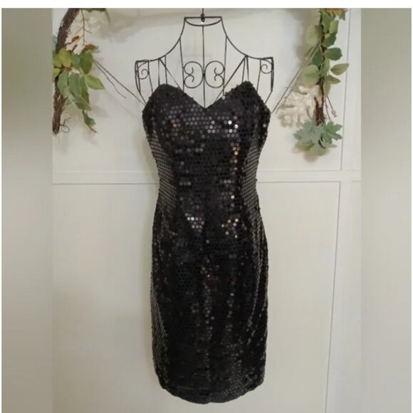 Vintage Glam 80's Spaghetti Strap Black Sequined Sexy Cocktail Dress Size - Picture 5 of 5